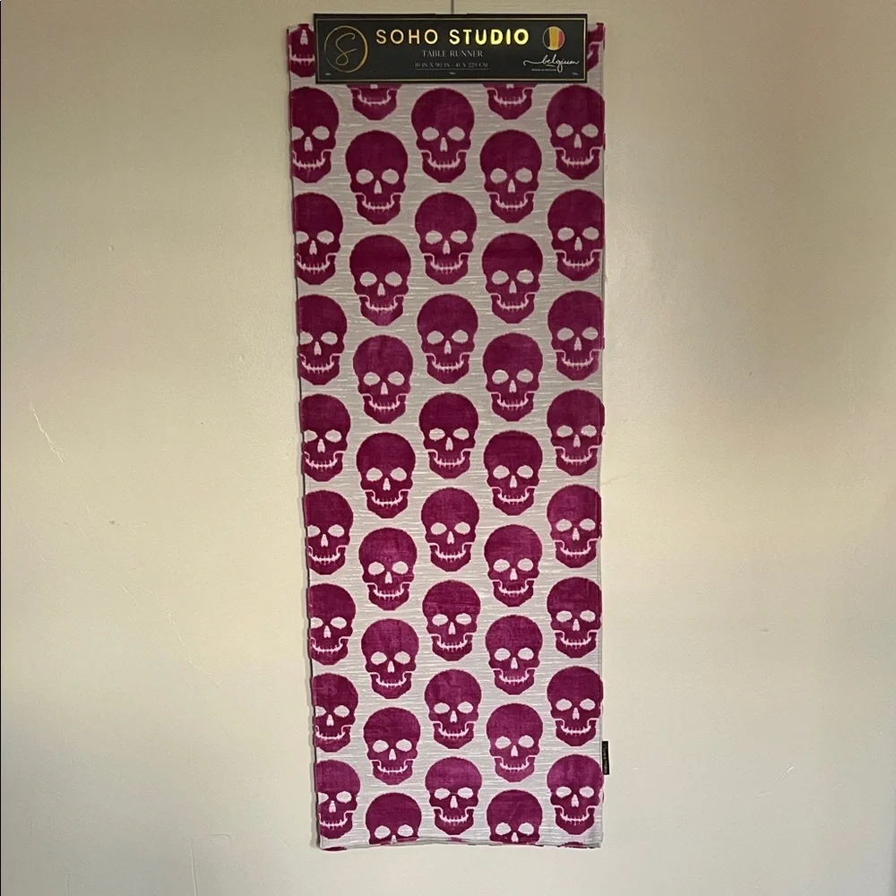Soho Studio Goth Glam Belgium Woven Magenta Pink Velvet Skull Table Runner NWT
